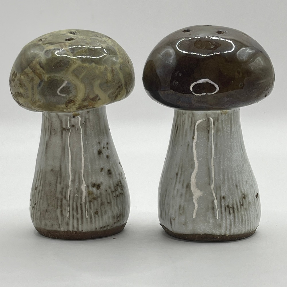 Vintage Ceramic Mushroom Salt and Pepper Shakers Brown Green Glazed Stoneware